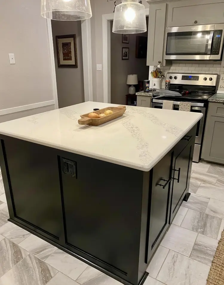 Quartz kitchen island with custom cabinetry